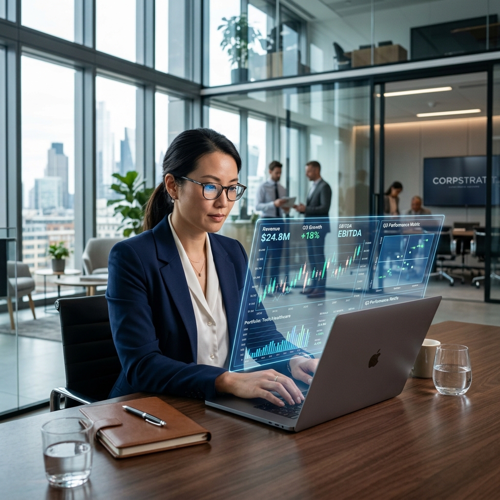Professional corporate executive working on laptop with modern data chart overlays representing multi-generational capital protection