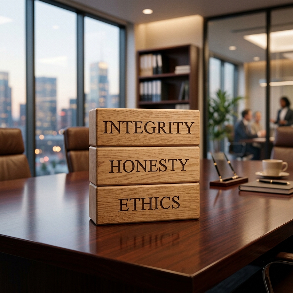 Stacked wooden blocks displaying Integrity, Honesty, and Ethics representing the fiduciary core values of Sreem Financials
